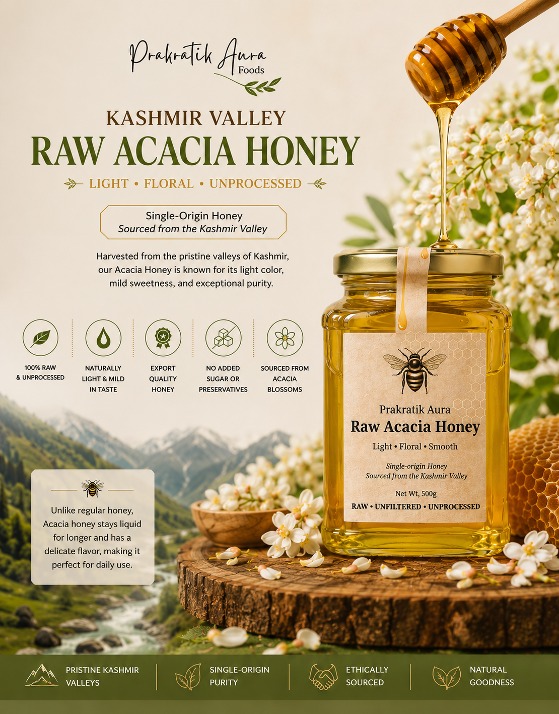 Kashmir Acacia Honey (Raw, Light & Export Quality)